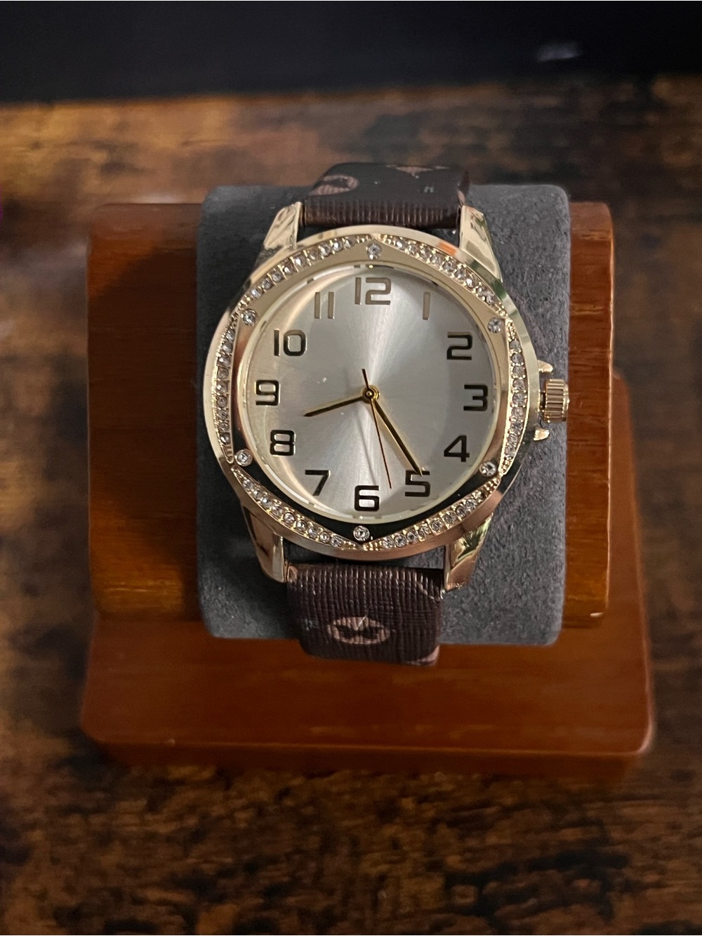 Gold-Tone Analog Watch with Brown Fabric Strap